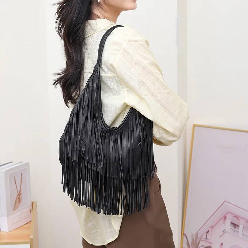 PU Fashion Crossbody Large Capacity Women Tassels Shoulder Minimalist Fringe Hobo Bag Solid Color For Party Vacation Andralyn - view 5