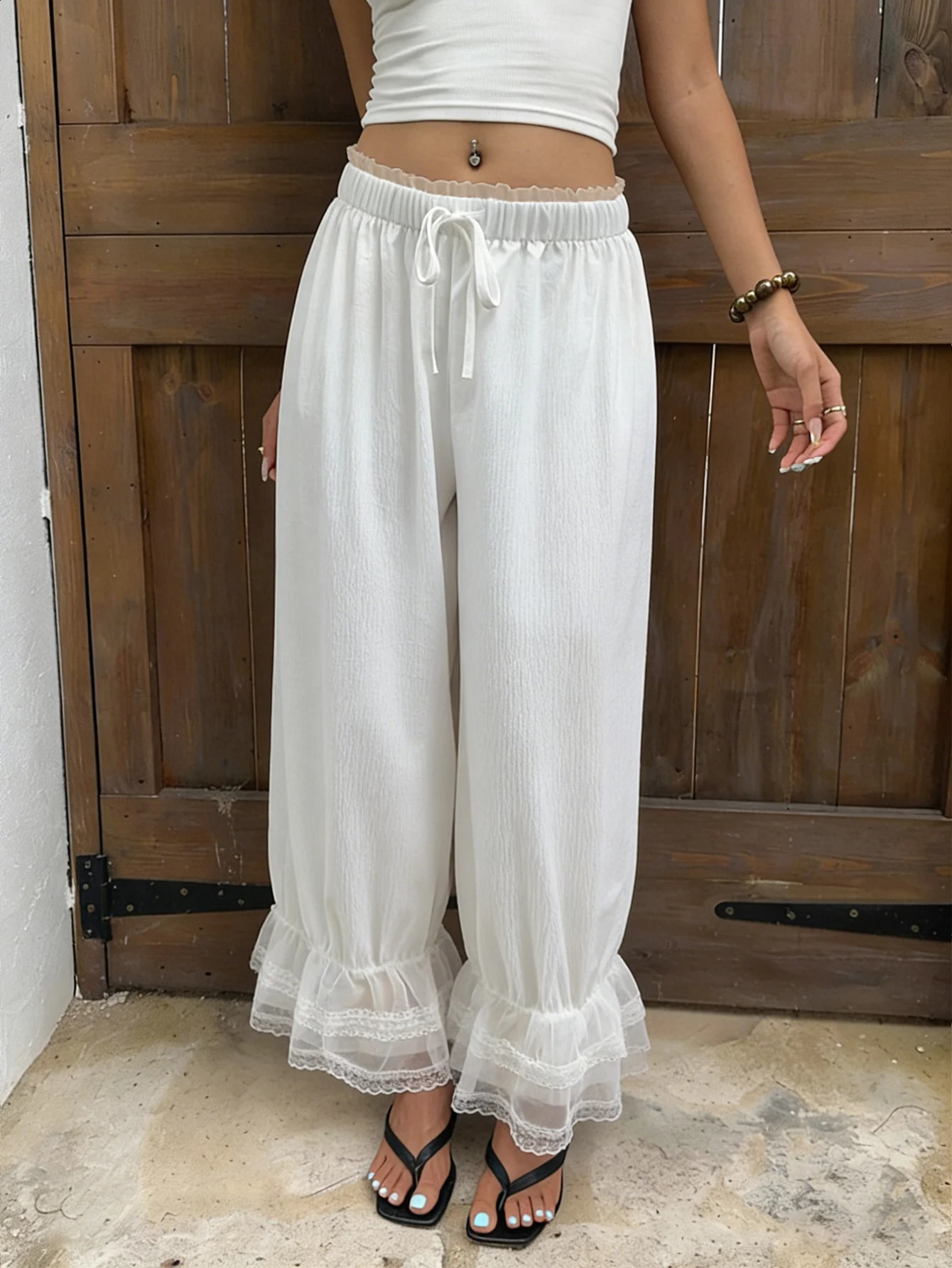 Womens White Lantern Pants Lace Ruffle Hem Drawstring Waist Loose Wide Leg Casual Vacation Beach Spring Summer Trousers 260625 - view 5