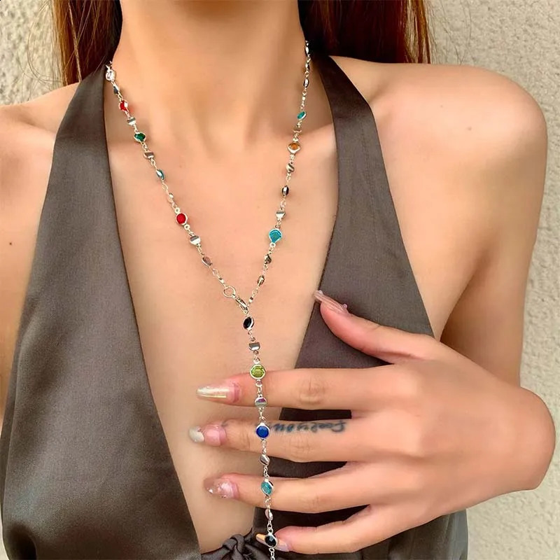 y Colourful Crystal Zircon Necklace For Women Shiny Rhinestone Long Tassel Choker Bohemian Statement Jewelry Gifts 260624 - view 1