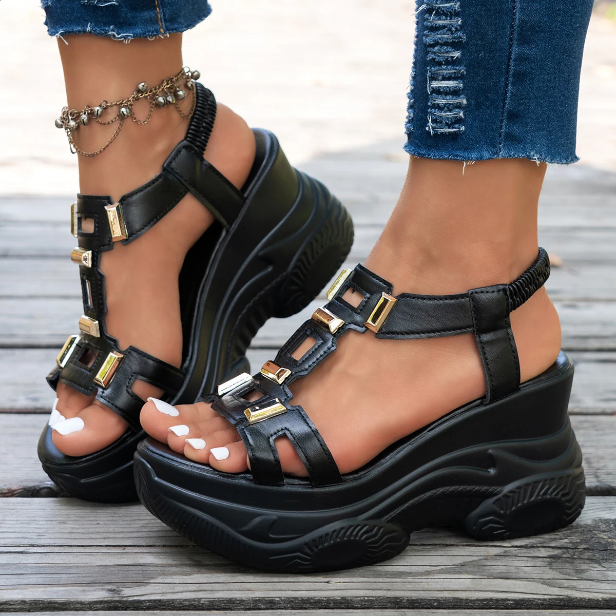 Summer Thick Bottom Slope Heel Sandals for Women Metal Decoration Sponge Cake Dad Anti slip Versatile 260626 - view 5