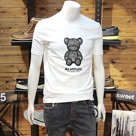 Men's Punk Bear Print T-Shirt, Mercerized Cotton Short-Sleeve Tee, Slim-Fit Round-Neck Graphic Bear Tee Shirt for Summer Vacation Travel, Weekend Stre