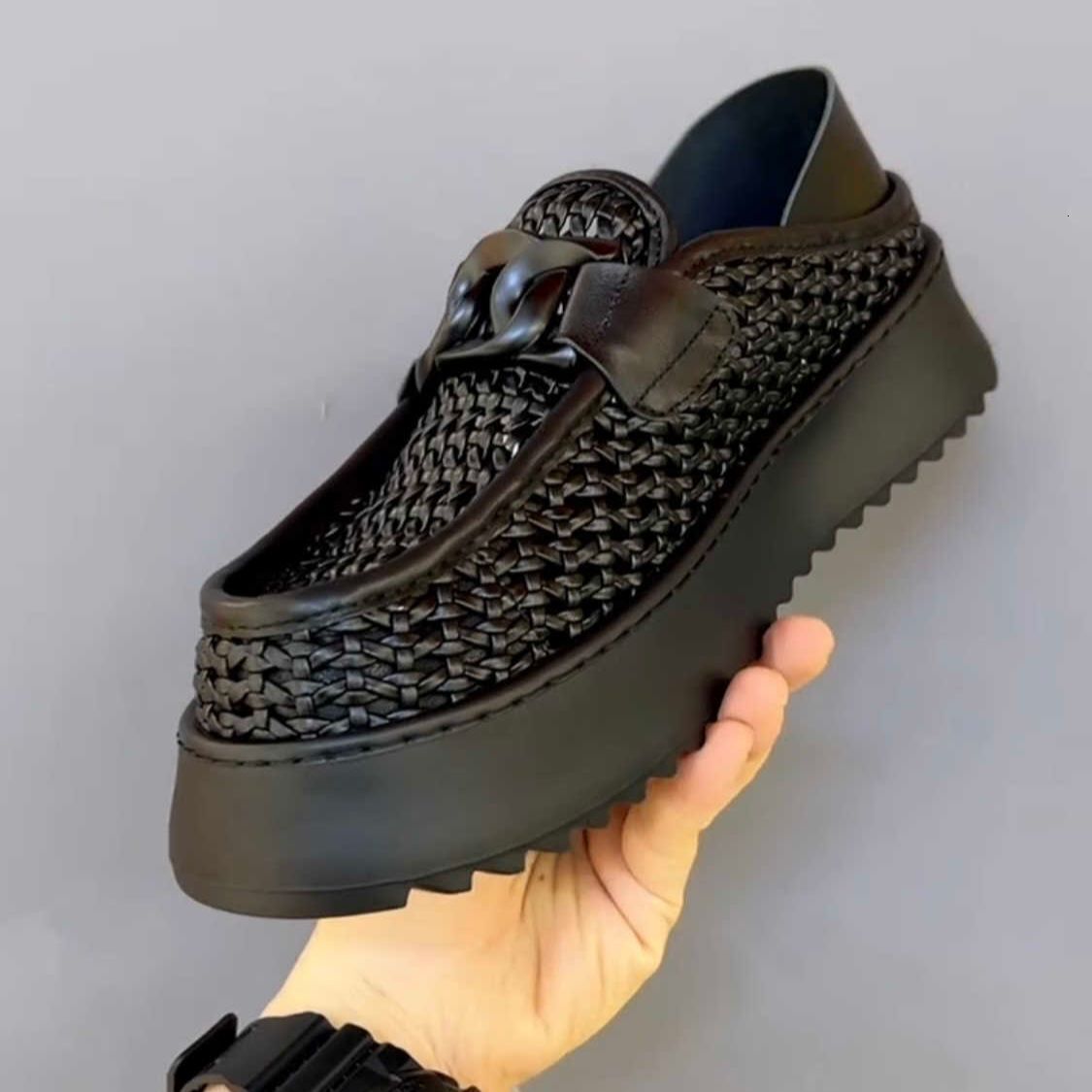 Men Hollow Woven Platform Loafers Metal Chain Slip On Mules Thick Sole Height Boost Breathable Summer Casual Shoes - view 6
