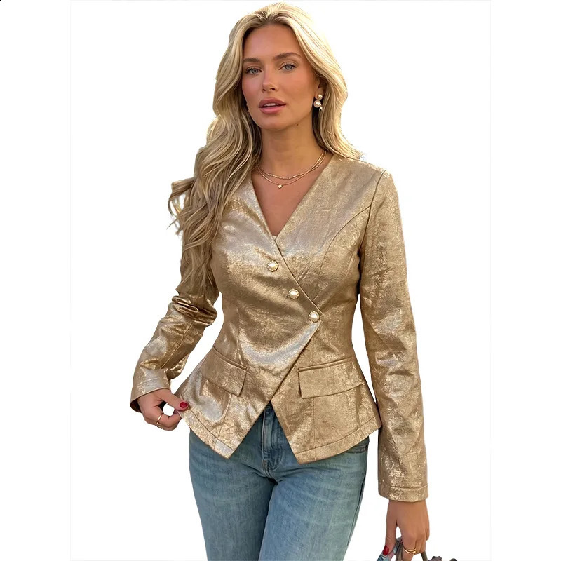 Womens Gold Wrap Blazer V Neck Pearl Button Long Sleeve Elegant Party Jacket 2026 260625 - view 6