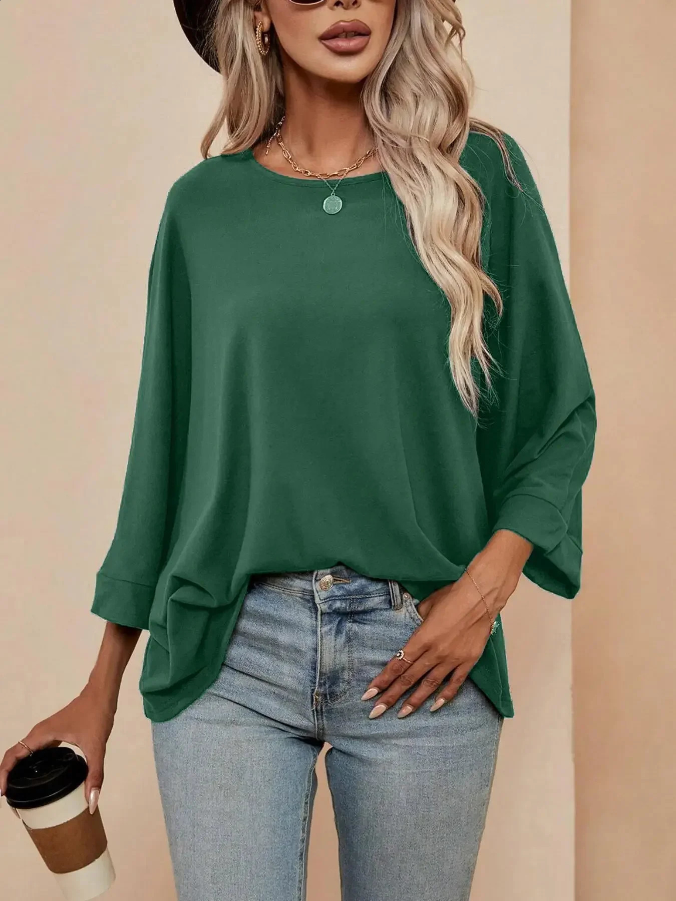 Plus Size Womens Fashionable Spring Autumn Long Sleeved T-shirt Ladies Casual O-neck Solid Color Bat Sleeve T-shirt Loose Tops 260626 - view 6