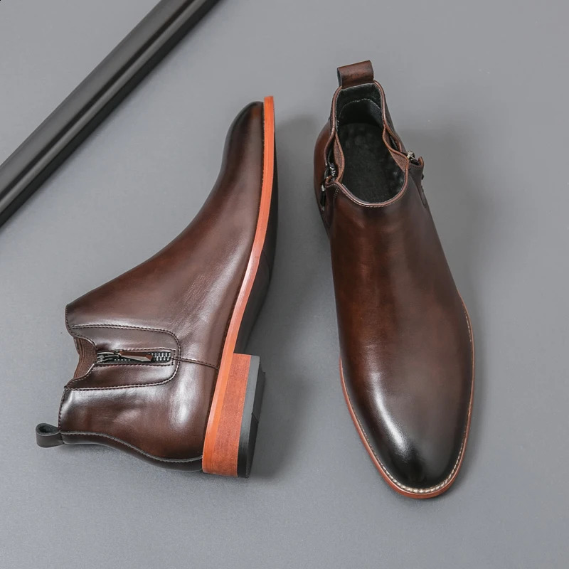 Mens PU Leather Chelsea Boots Classic Pointed High Top Dress Shoes Brown Business Banquet Commuting Short Boots for Men 260626 - view 4