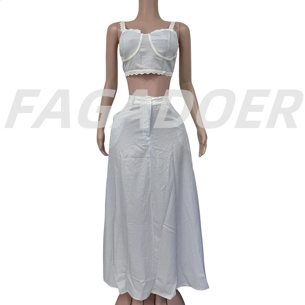 FAGADOER Elegant Lace Patchwork 2 Pieces Set for Woman Spaghetti Strap Stripes Camisole and Skirt Female Streetwear Vestidos 260625 - view 6