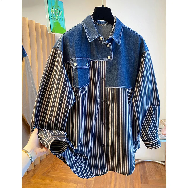 SuperAen 2026 Spring n Oversize Denim Patchwork Stripe Long-Sleeved Shirt for Women Fashion Casual Shirts 260626