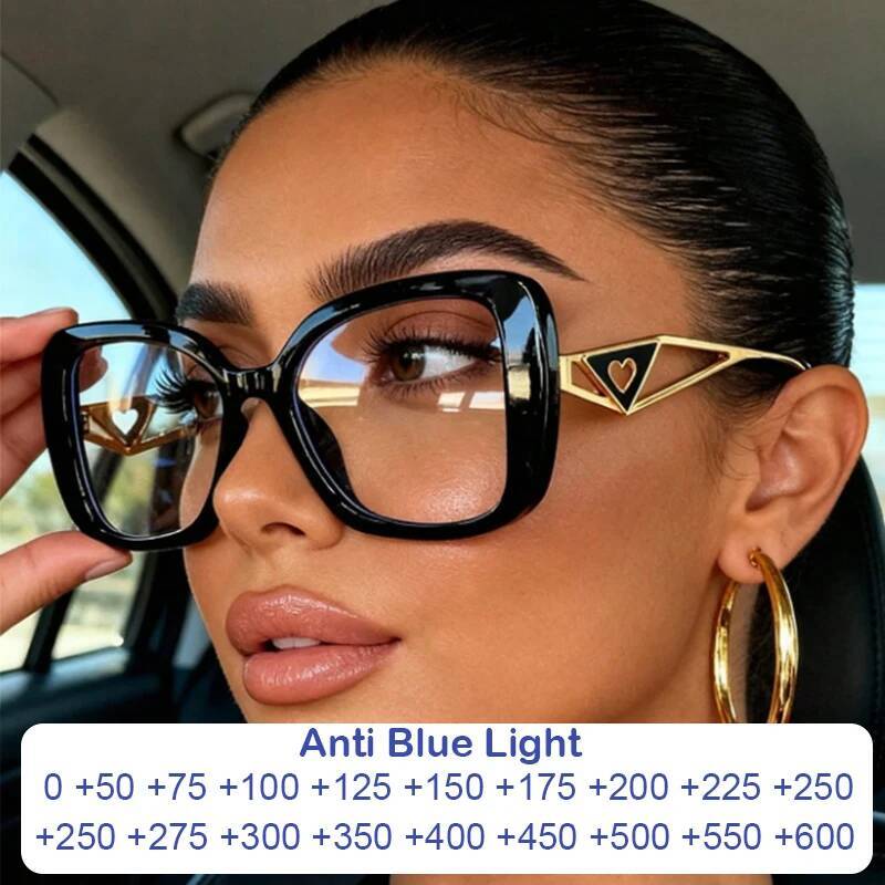 Brand Oversized Square Reading Women Triangle Heart Temple Eyeglasses Blue Light Blocking Clear Computer Glasses