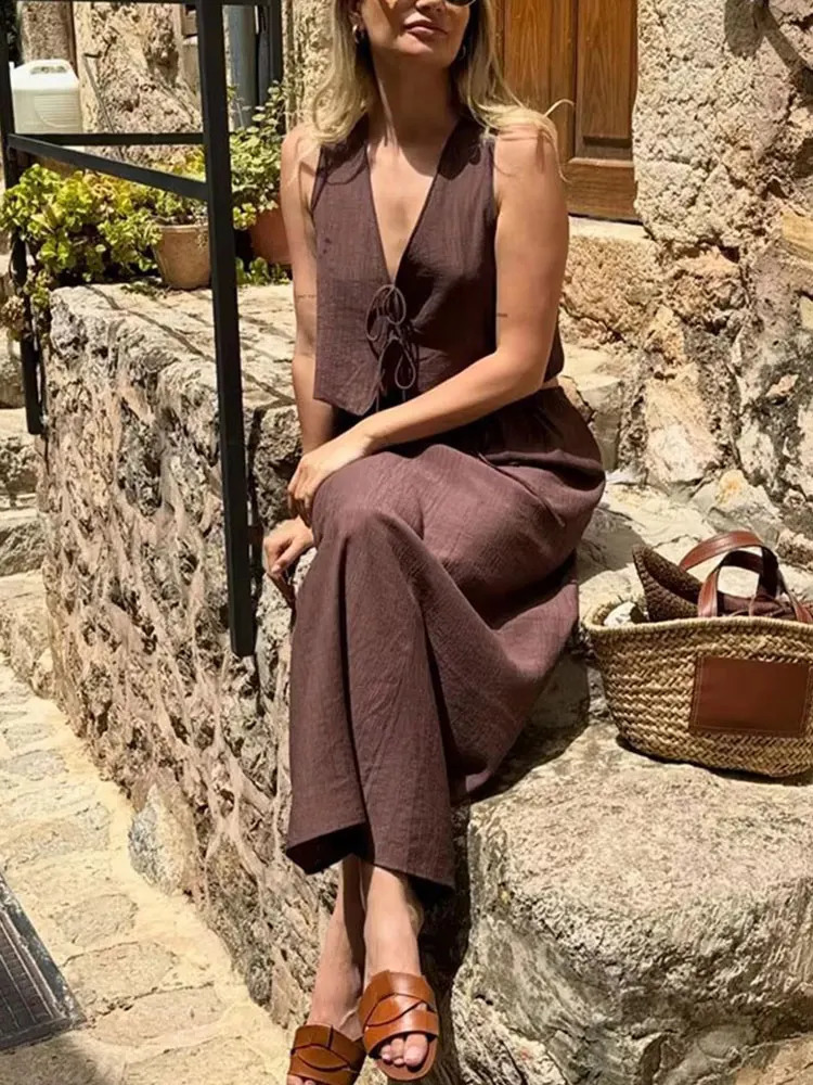 HH Women Vintage Solid Skirt Sets Bow LaceUp Short Vest Top Loose Drawstring Midi Skirts Summer Female Streetwear Outfit 260625 - view 5