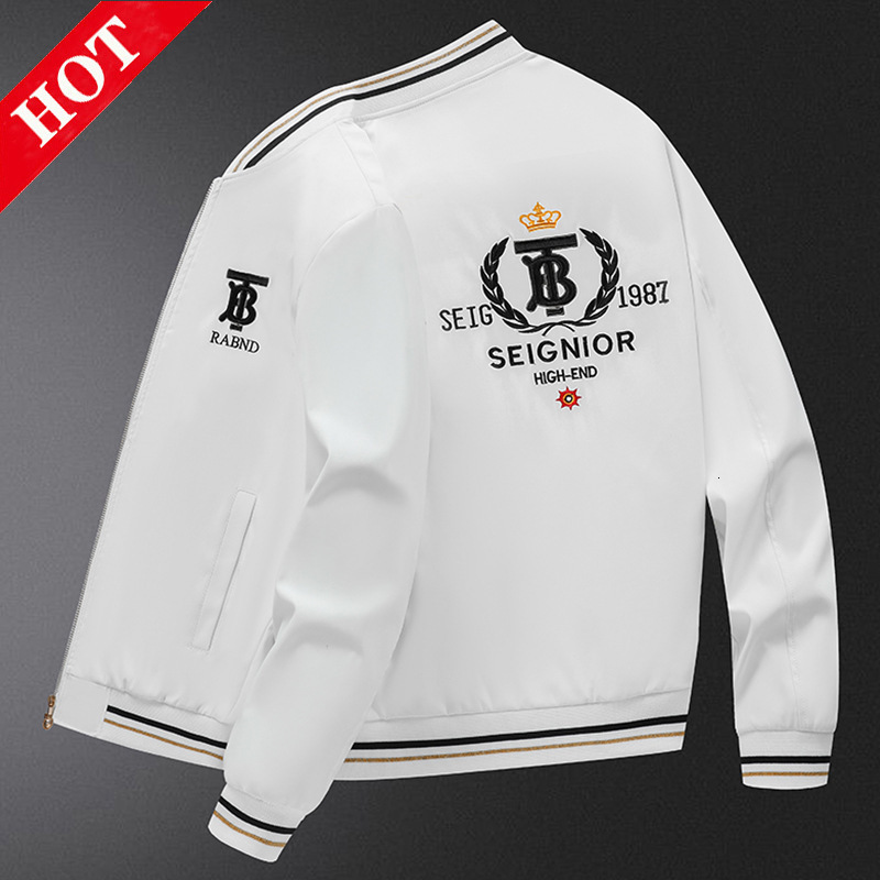 Men's Embroidered Jacket, Casual White Acetate Baseball-Style Coat with Hood, Slim-Fit Zipper Closure, Long Sleeves, Ribbed Trim, Appliqué SEIGNIOR Cr