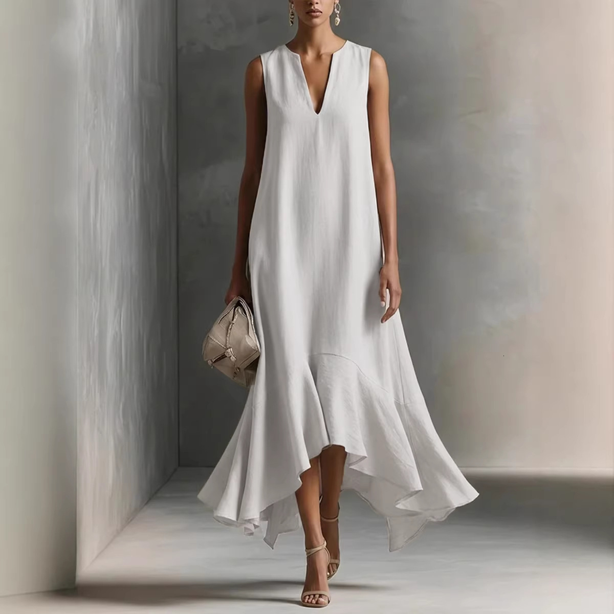 New European and American cross-border fashion deep V-neck sleeveless slim-fit dress with an asymmetrical hem - view 1