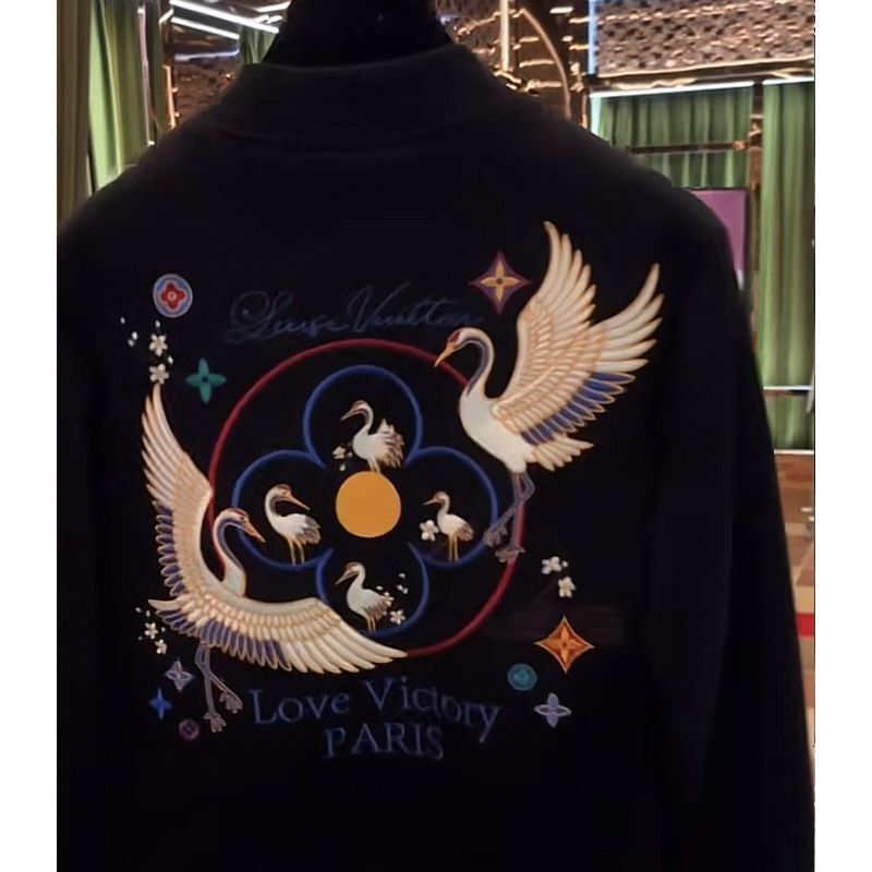 Men's Baseball Jacket, Athleisure Varsity Sports Jacket with Large Embroidered Bird and Flower Graphic - Polyester Winter Outerwear, Shawl Collar, Hoo - view 4