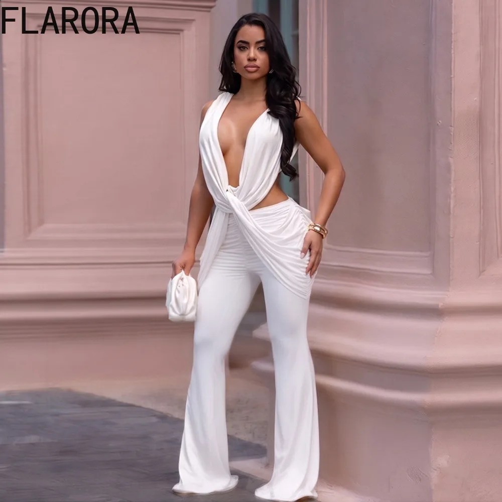 FLARORA Sexy Cross Knot Ruched Flare Jumpsuits Woman Chic Deep V Sleeveless Backless Peach Hip Skinny Playsuits Party Clubwear 260626 - view 3