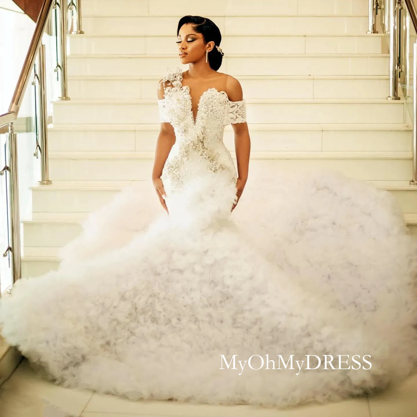 Ivory Mermaid Wedding Dresses Florals Pearls Beaded Crystals Lace Tiers Bridal Gowns Dress Y626