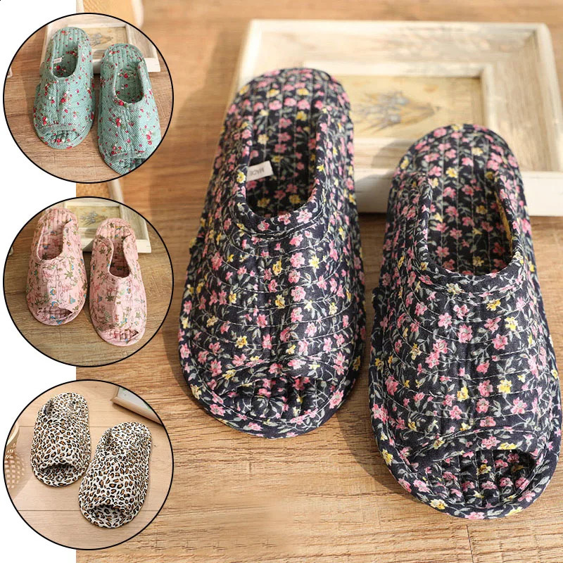 25cm Vintage Floral Home Shoes Slippers Women Cotton Fabric House Slipper Sewing Comfy Flat Shoes Indoor Soft Travel 260624 - view 1