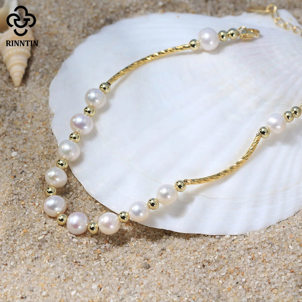 Rinntin Sexy Minimalism 14K Gold White Pearl Charm Bracelet Chain for Women Beads Hand Bangle Chain 925 Sterling Silver GPB31 260625 - view 4