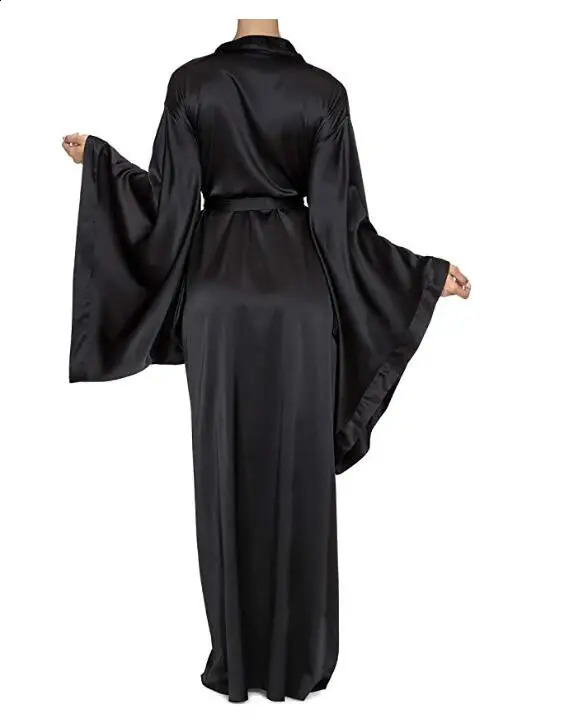 Solid Robes Women Black Red Long Sleeve Nightgown Ladies Girls Silk Satin Smooth Spring Lace Sleepwear Female Bathrobe260622 - view 4