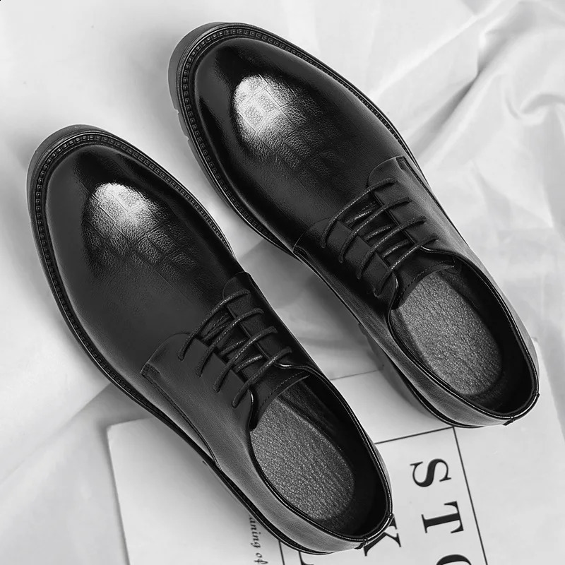 Mens Brogues Leather Elevator Shoes Man Height Increase Insole 8cm10cm Black Formal Business Wedding Work Men Shoes 260626 - view 5