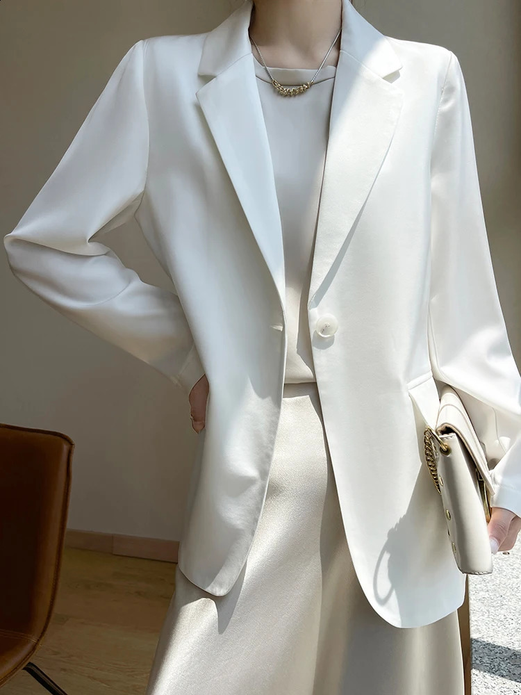 Women Blazers Spring Summer Fashion Korean Silk Satin Suit Vneck Loose Top Jacket Single Button Outerwear 260625