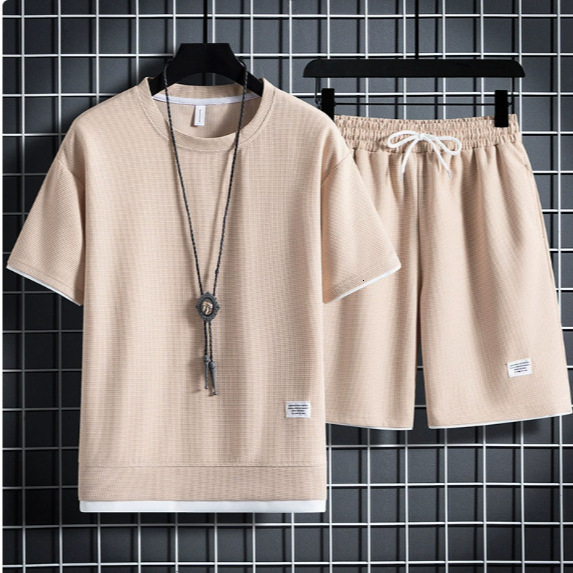 Summer New Waffle Pattern Suit, Korean Style Loose Fit, Men's Youth Solid Color Simple Short-Sleeve Shorts - view 3