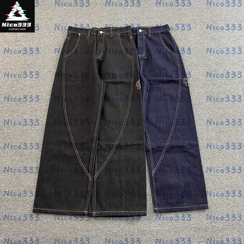 MERTAS jeans Black blue embroidered MRT letters washed splicing loose do old hundred street men and women casual straight jeans