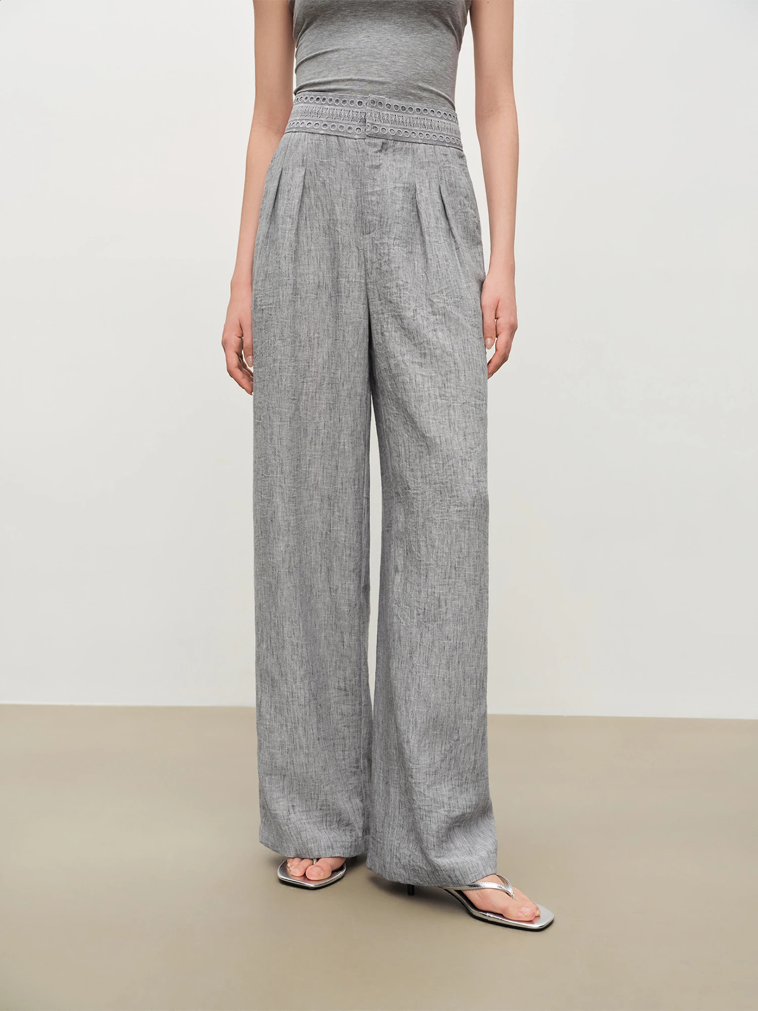 ZIQIAO Women Textured Casual Long Pants 2026 Summer Arrival High Waist Lace Trim Knitted Straight Trousers 260625 - view 5