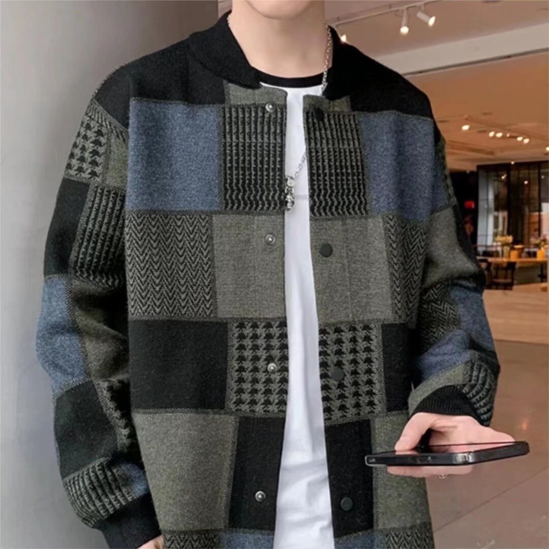 Plaid Knit Cardigan New Men's Japanese Style Trendy Loose Baseball Collar Casual Versatile Sweater - view 3