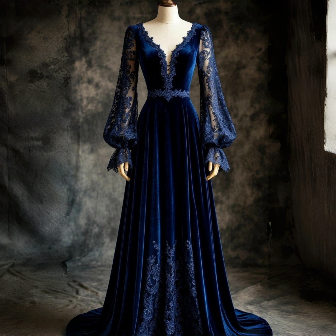 Medieval Navy Velvet Evening Dresses V Neck Floral Lace Bubble Sleeve Flowy Long Sweep Train A-Line Prom Dress Vintage Formal Gown For Women