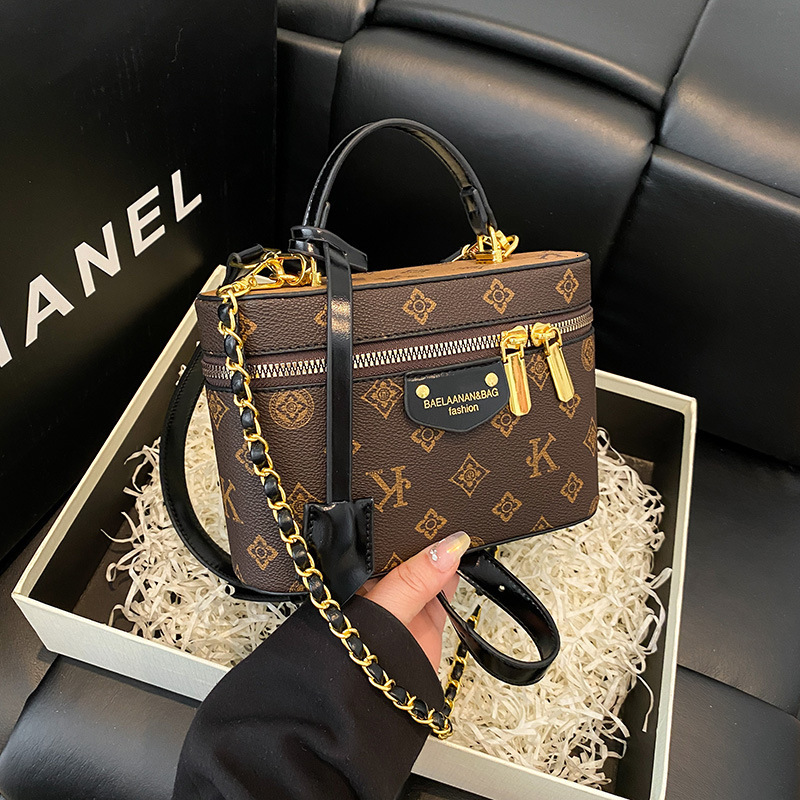 Vintage Print Box Handbag Women Mini Cosmetic Case Crossbody Bag Metal Chain Shoulder Bag Fashion Portable Top Handle Makeup Box Bags For Daily Travel