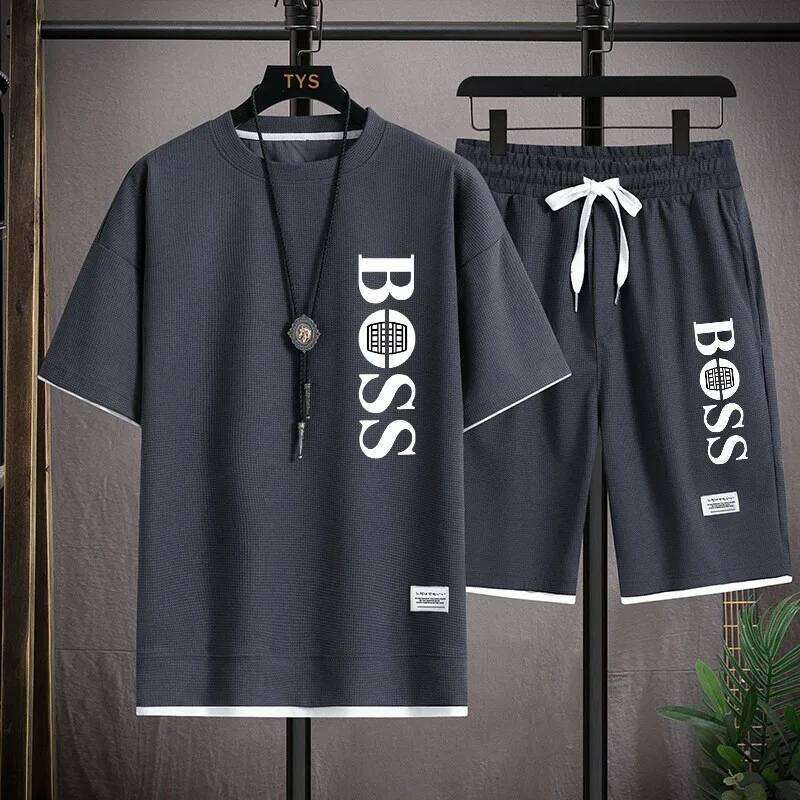 Fashionable printed T-shirt shorts set for men's sports, simple and comfortable summer waffle suit 26Y0626 - view 5