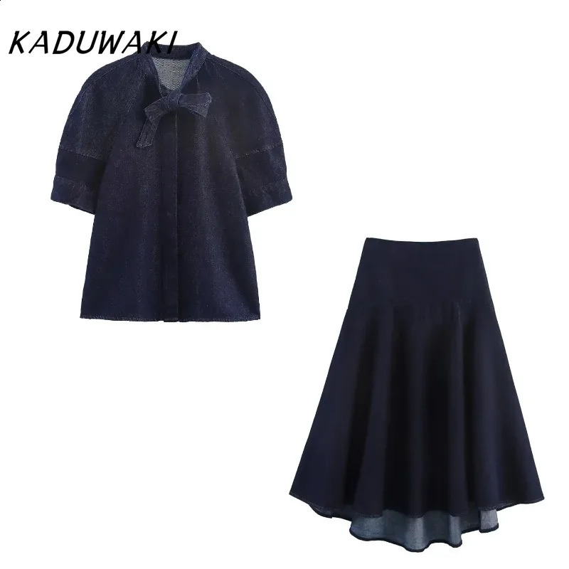 KADUWAKI American Retro Casual Womens O Neck Short Sleeve Shirt Top Solid Sagging Sense Long Skirt Sets Spicy Girl 2piece Set 260625 - view 6