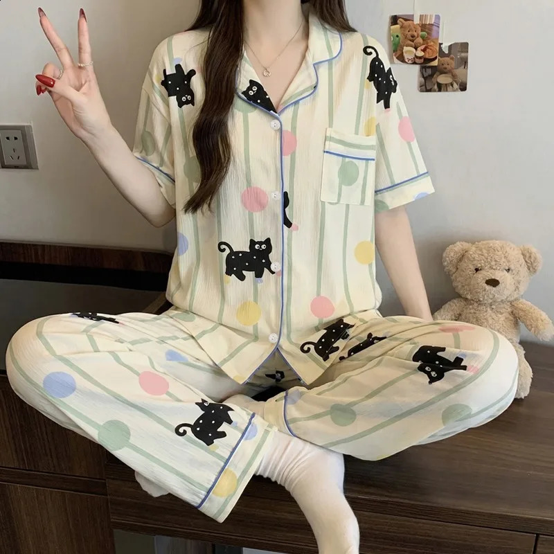 Cute Strip Dot Cat Print Satin Pajamas Set Short Sleeve Buttons Lapel Top Elastic Pants Sleepwear Summer 260625