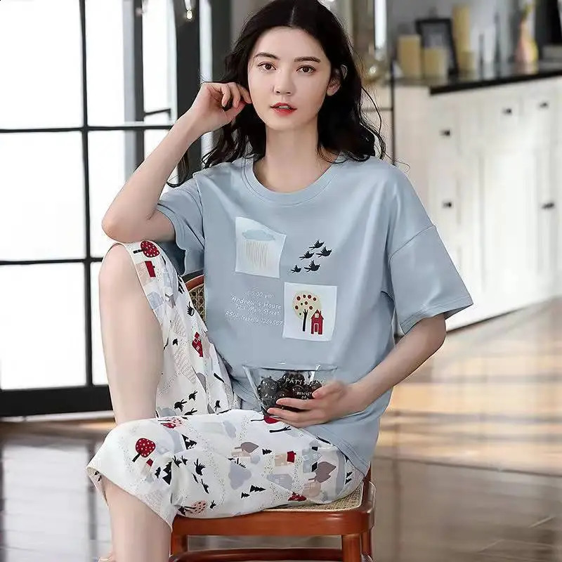 Womens Summer Pajamas ShortSleeve 34Length Pants Pullover Round Neck Printed SpringFall Style Plus Size Pajama Set 260625 - view 5