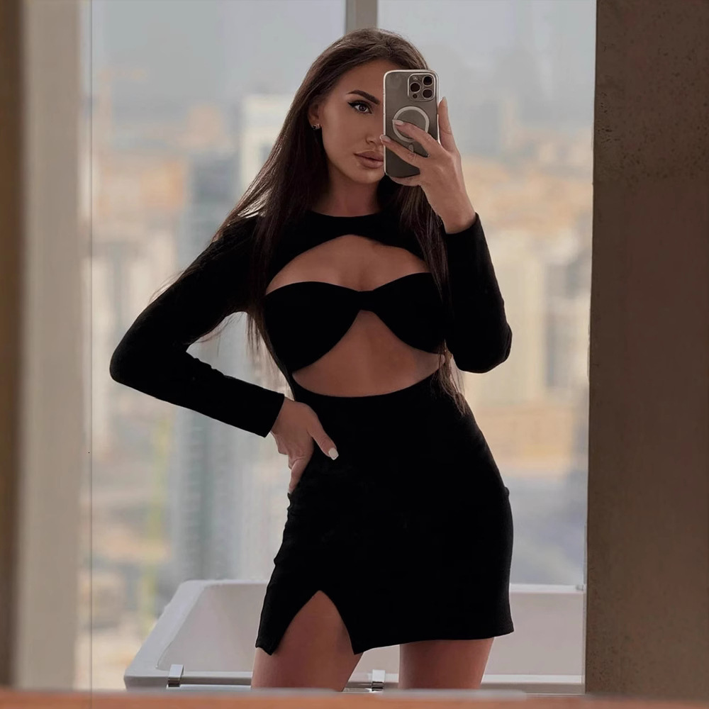 Womens Long Sleeve Mini Dress Womens Hollow Round Neck Waist Slimming Split Soft Gown For Women Daily Autumn Winter Layered Dinner Outfits - view 4