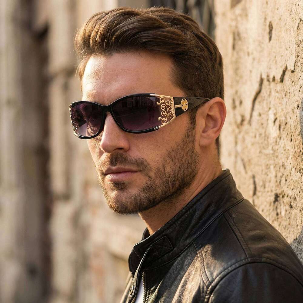 New wraparound diamond metal shiny polarizing driving sunglasses, vintage fashion, personalized trend, hollow-out lace 26Y0626 - view 3