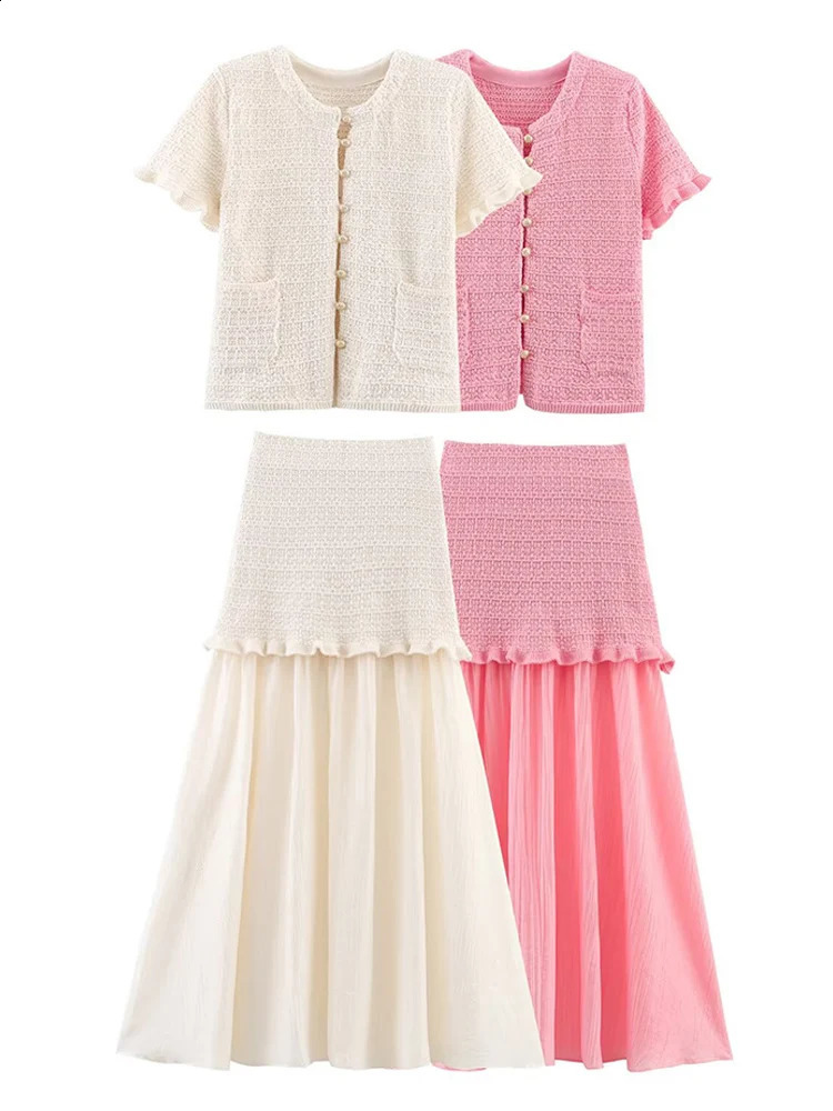 HH Casual Knitted Cardigans Skirts Suits For Women Short Sleeve Knit TopSheath Patchwork Pleated Long Skirt Streetwear 260625 - view 3