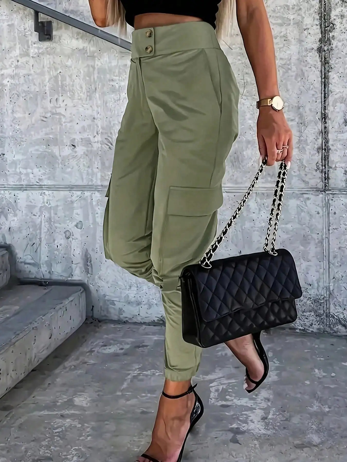 Womens olive green cargo jogging pants highwaisted with double buttons 260625