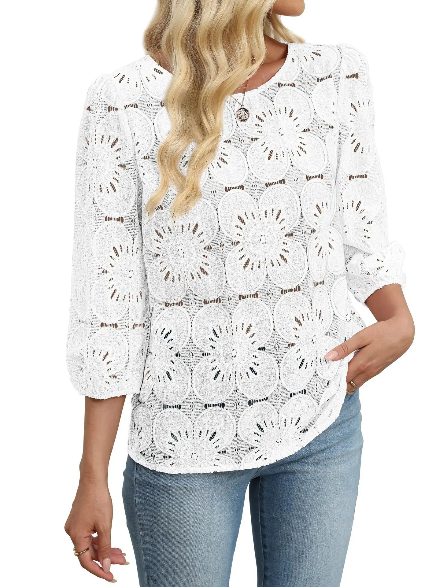 2026 Womens Long Sleeve Hollow Lace Shirt European Style Lantern Floral Patterned out n Fashion Top 260626