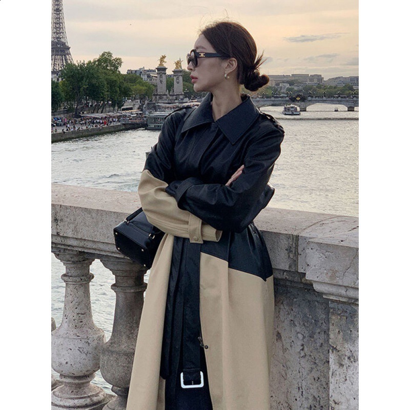 Fashion comparison Womens long jacket pu leather with a lapel and a thick collar autumn jacket with belt 241119