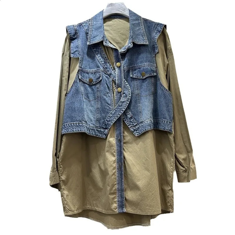 SuperAen Two-piece Denim Vest Patchwork Shirt Jacket for Women Spring and Autumn Loose and Retro Oversize Shirts 260626 - view 6