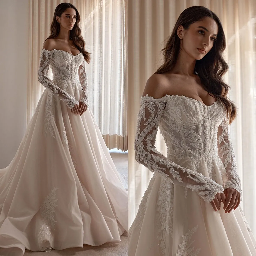 Gorgeous A Line Dresses Off Shoulder Pearls Lace Bridal Gowns Long Sleeves Vestido De Novia Backless Sweep Train Boho Wedding Dress LG0118