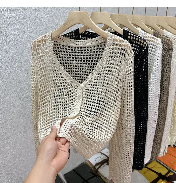 Single Button Crochet Mesh Cardigan for Women Semi Sheer Openwork Sunscreen Jacket Cover Up Summer Hollow-out Knitted Cardigan 260626 - view 3
