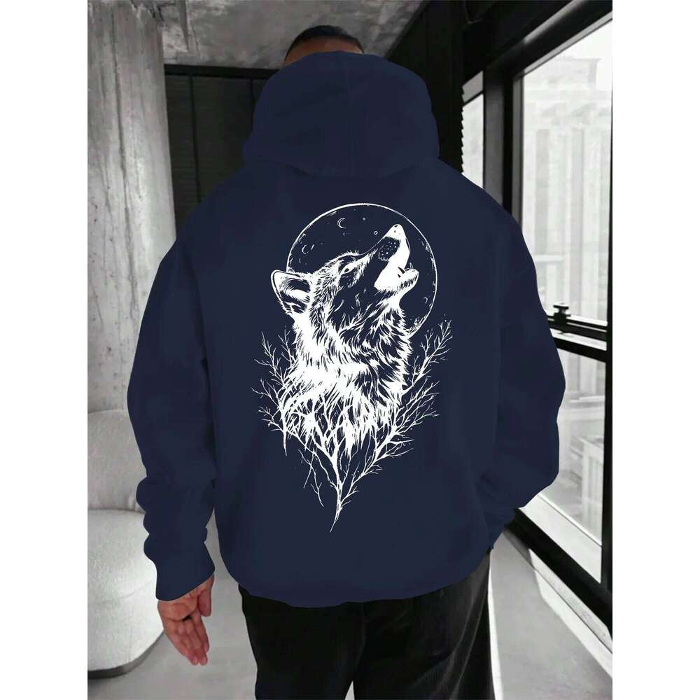 Men's "wolf" pattern printed sweatshirt, drawstring kangaroo pocket, comfortable, casual and fashionable hooded pullover W260626 - view 3