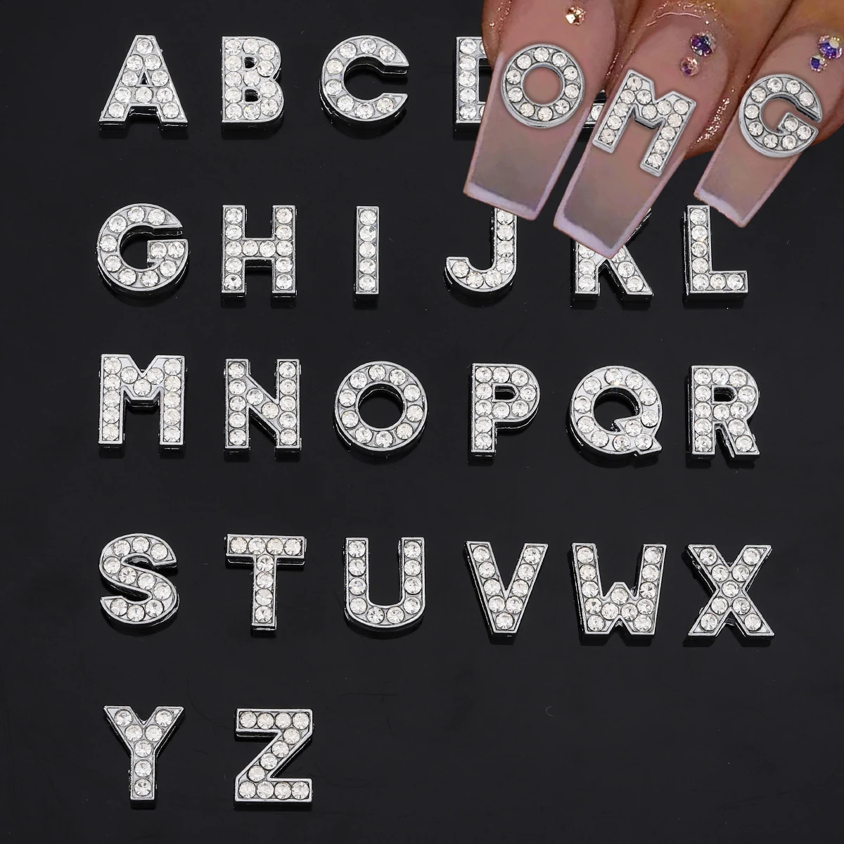 26 pcs / pack European wind rhinestone English letter diy nail decoration y2k metal wind large diy nail accessories 260623