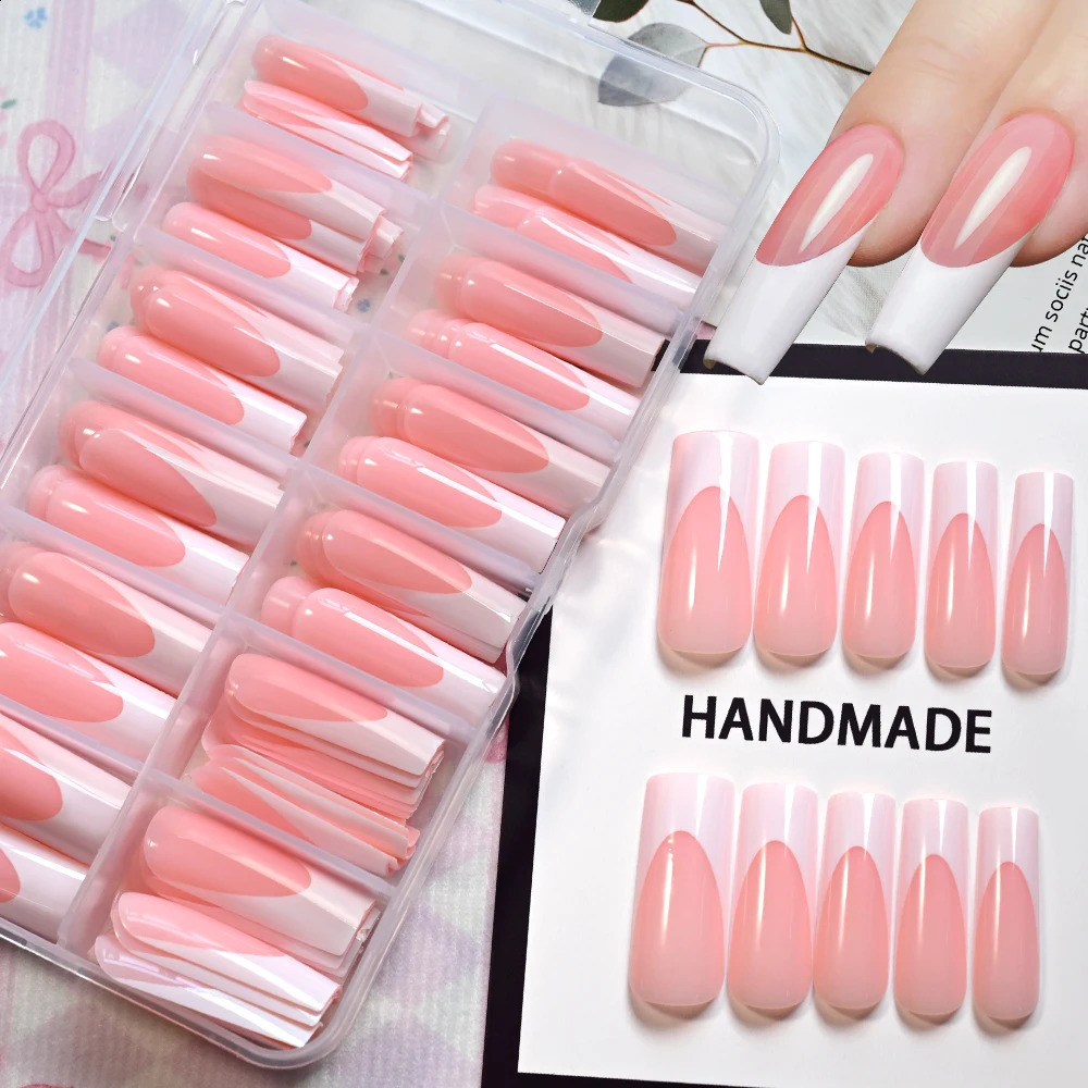 120Pcs Glossy Pink French Press On Nails 12-Sizes Long Square Fake Nails White Edge n Full Cover False French Nails Tips t 260626 - view 1