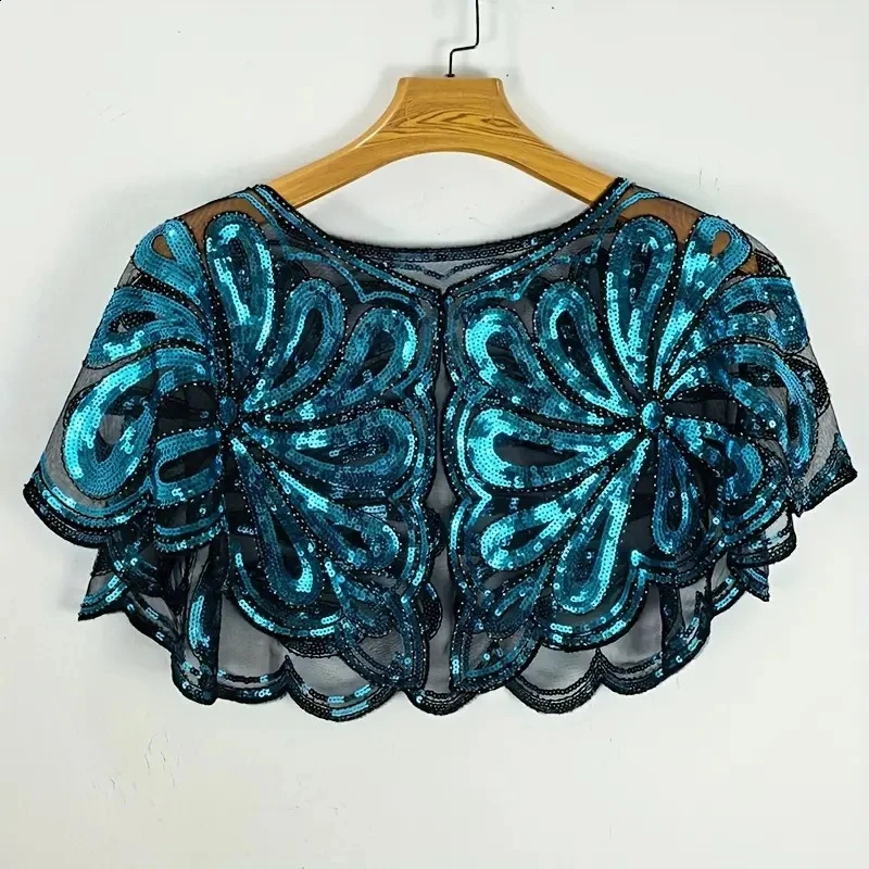 Vintage Sequin Floral Capelet Shawl Sparkling Embellished Party Accessory Hand Washable No Stretch Elegant Decorative Cape 260625 - view 7