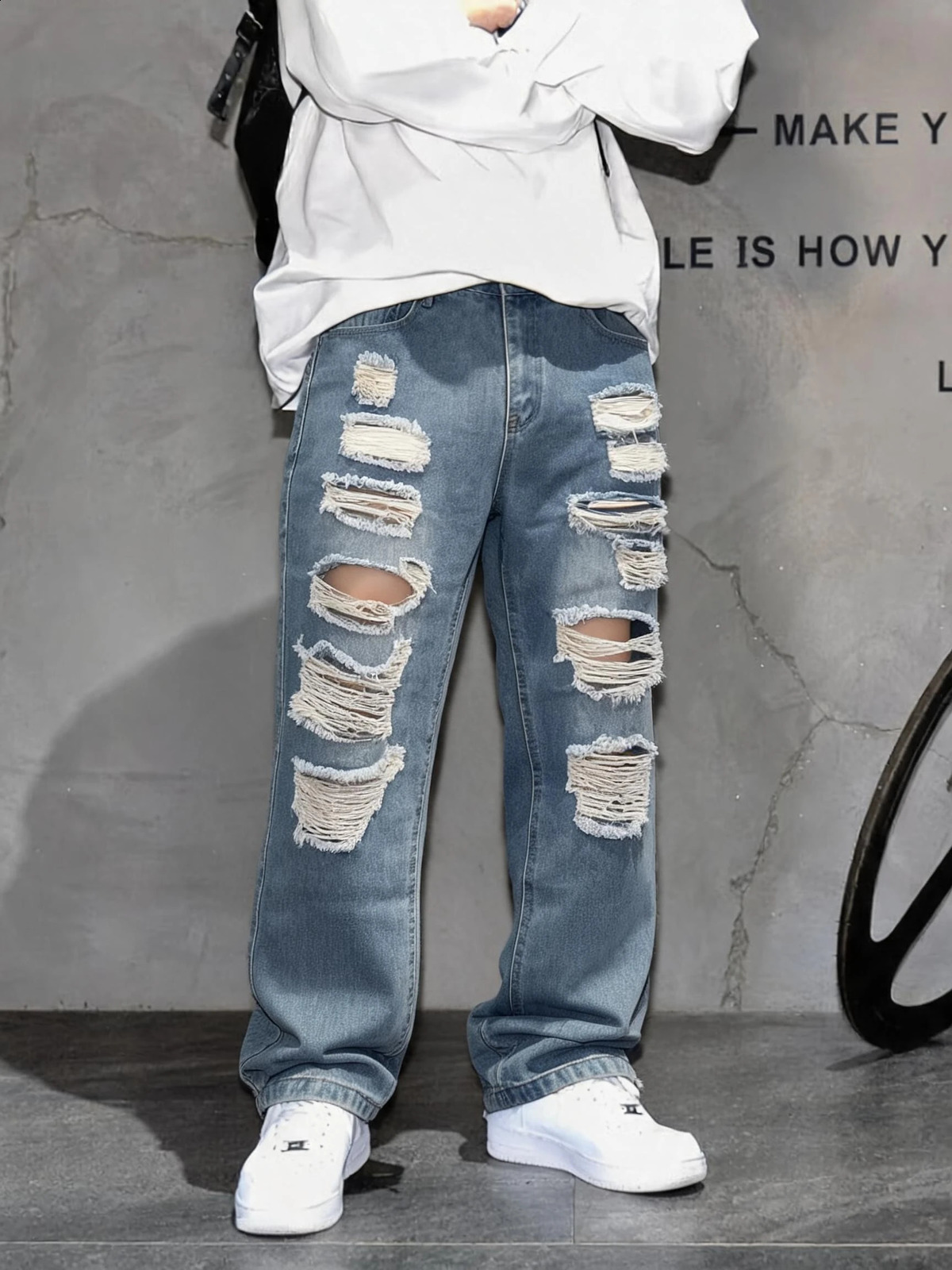 Mens Ripped Denim Long Pants Loose Straight Fit AllSeason Versatile Wear Hip Hop Y2K High Street Vintage Trendy Style 260625 - view 5