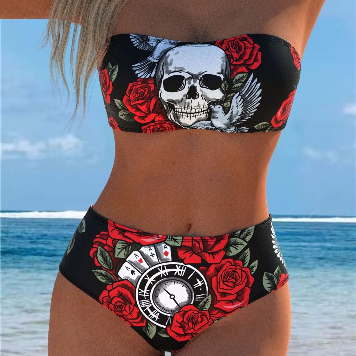2026 Best-Selling New Rose Skull Pattern Personalized Print Strapless European And American Sexy Two-Piece Bikini For Women