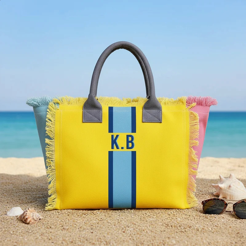 Customizable Personalized Striped Letter Canvas Beach Bag with Fringe Beach fashion Tote for Women handbag 260626