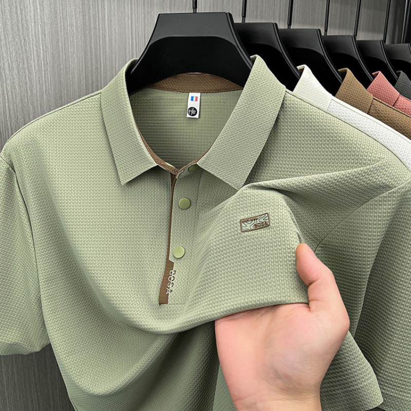 Men's Seamless Nylon-Spandex Short-Sleeve T-Shirt Summer New Design, Casual Solid Color Men's Turn-Down Collar Polo Shirt Top - view 3